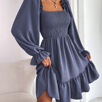 Square Neck Long Sleeve Shirred Ruffle Hem Dresses High Waist A Line Knee Length Elegant Mini Dress