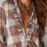 Bohemian Plaid Floral Chiffon Print Blouse With Ruffles