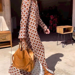 Nadorine Women's Boho Geometric Figure V Neck Long Sleeve Split-Side Long Dresses