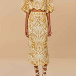 Korra Linen Blend Unique Print Wave Trim Bell Sleeve Top and Elastic Waist Pocket Midi Skirt Set
