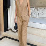 Nadorine Chic Two Pieces Sleeveless Slim-Fit Solid Suit Office Tank Top and Pants Sets