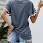 Pom-Pom Trim Flutter Sleeve Round Neck Tee Casual Blouses Tops