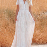 V-Neck Half Sleeves Lace Bohemian Floor Length Dress