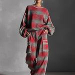 Women's Red And Gray Plaid Brushed Distressed Street Style Color-Blocked Piping Pantsuit Set