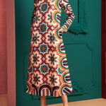 Long Sleeves Contrast Color Flower Print Round-Neck Midi Dresses
