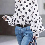 Long Sleeves Loose Buttoned Polka-Dot Split-Joint Lapel Blouses&Shirts Tops