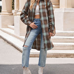 Nadorine Plaid Longline Button-Up Shacket Lapel Neck Long Sleeve Shirt Pocket