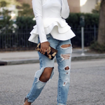 Elegant White Long Sleeve Peplum Top With Layered Ruffle Hem