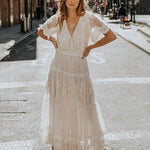 V Neck Short Sleeve Lace Maxi Dress
