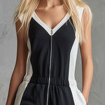 Casual Retro Sporty Black And White Color-blocked V-neck Half-zip Jumpsuit
