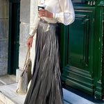 Fashionable Metallic Pleated Back Elastic Waist Maxi Skirt