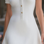 Chic White Ribbed Knit Polo Mini Dress With Gold Button Detail