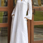 Long Sleeves Loose Solid Color V-Neck Maxi Dresses