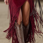 Western Retro Red Faux Suede Slit Fringe Midi Skirt