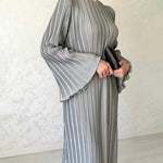 Pleated Bell Sleeve Back Tie Up Maxi Dress