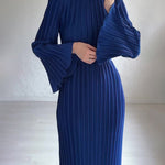 Pleated Bell Sleeve Back Tie Up Maxi Dress