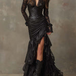 Black Faux Leather Corset Maxi Dress With Lace Sleeves