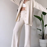 Solid Color Design Button Ribbed Knitted Two Piece Sets