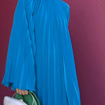 Flared Sleeves Loose Pleated Ruffled Solid Color Split-Joint High Neck Maxi Dresses