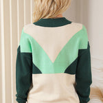 Geometric Color Block Knit Button V Neck Sweater
