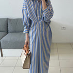 Long Sleeves Loose Buttoned Contrast Color Pockets Striped Lapel Midi Dresses Shirt Dress