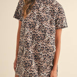 Brown Leopard Print Short Sleeve Pocket Mini Dress