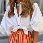 Loose Mid-length Sleeve Bow White Shirt