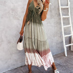 Tie Dye Sleeveless Long Dress Flowy Boho Maxi Sundress Spaghetti V Neck Dress with Belt