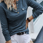 Ribbed Snap Button Henley Long Sleeve Top
