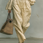 Women's Retro Linen-like Fabric Stand-up Collar Single-breasted Shirt Trousers Two-piece Set