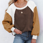 Nadorine Colorblock Bishop Sleeve Sweatshirt Plush Stitching Jumper Crop Top