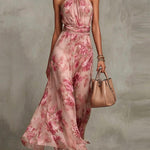 Pink Floral Chiffon Halter Maxi Dress