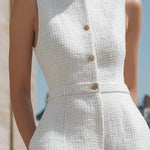 Sleeveless Boucl�� Button-Front Tailored Short Jumpsuit