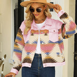 Nadorine Aztec Lapel Long Sleeve Retro Western Denim Jacket