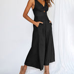Nadorine Women's Casual Sleeveless Hollows High Waist Bodysuit Spaghetti Strap Loose Jumpsuit Overalls