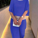 Stylish Sequin Patchwork Dolman Sleeve Top and Elastic Waist Wide Leg Pants Set