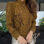 Palace Style Crochet Flower Lace Stand Neck Button Puff Sleeve Jacket