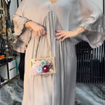 Satin Solid Color V-neck Lotus Leaf Sleeve Loose Pleated Maxi Dress