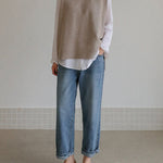 Simple Sleeveless Loose Buttoned Solid Color Round-Neck Sweater Vest Outerwear