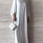 Loose Puff Sleeves Drawstring Solid Color Split-Joint V-Neck Maxi Dresses Shirt Dress