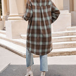 Nadorine Plaid Longline Button-Up Shacket Lapel Neck Long Sleeve Shirt Pocket
