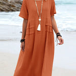 Solid Color Round Neck Short Sleeve Midi Dress Summer Holiday Casual Maxi Sundress