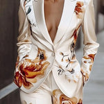 Long Sleeves Buttoned Flower Print Notched Collar Blazer Outerwear