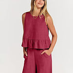 Nadorine 2 Piece Outfits Sleeveless Ruffle Tank Crop Top and Wide Leg Pants Lounge Set with Pockets