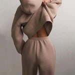 Nadorine Casual Solid Color Long Sleeve Hooded Sports Suit Hoodie Sweatshirt Two Piece Set