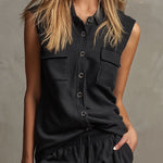 Black Collared Button-down Sleeveless Top And Trousers Set