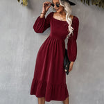 Solid Square Neck Bishop Sleeve Flounce Hem Dress