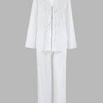 Nadorine Cotton Two-Piece Set Loose Fit Long-Sleeved Deep V Neck Tie-Front Top and Wide-Leg Pants