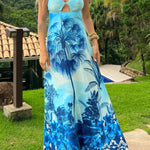Vacation Blue Suspender Print Dress