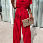 Ivy Cowl Neck Short Sleeve Belt Pleated Loose Wide Leg Jumpsuit